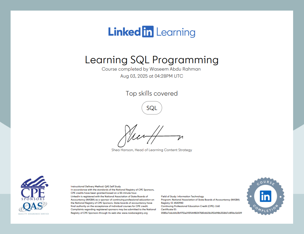 Foundation of SQL Certificate